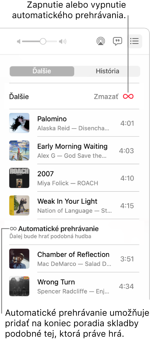 Poradovník Ďalšie. Kliknutím na tlačidlo Automatické prehrávanie ho môžete zapnúť alebo vypnúť. Keď je Automatické prehrávanie zapnuté, podobné skladby sa pridajú na koniec poradia.