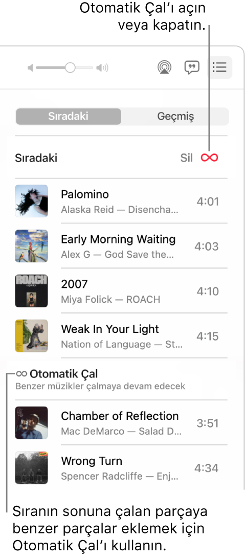 Sıradaki listesi. Açmak veya kapatmak için Otomatik Çal düğmesini tıklayın. Otomatik Çal açıkken, benzer parçalar sıranın sonuna eklenir.