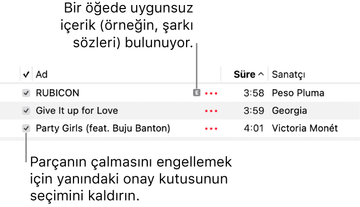 Müzik’teki parça listesine ait, onay kutularını ve ilk parça için (şarkı sözleri gibi uygunsuz içeriğe sahip olduğunu belirten) bir uygunsuz sembolü gösteren ayrıntılı bilgiler. Bir parçanın çalmasını engellemek için yanındaki onay kutusunun seçimini kaldırın.