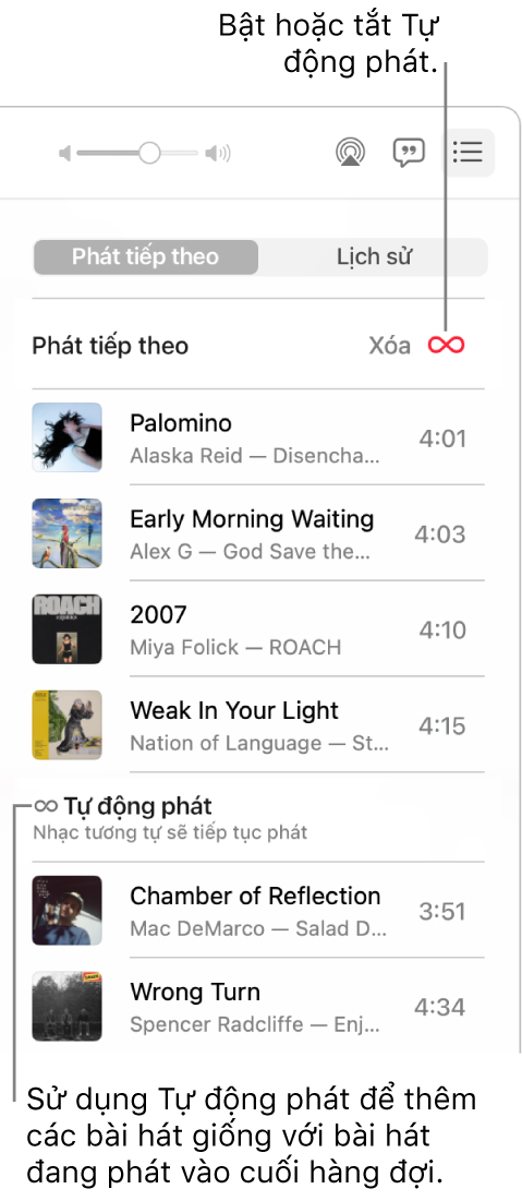 Hàng đợi Phát tiếp theo. Bấm vào nút Tự động phát để bật hoặc tắt. Khi Tự động phát được bật, các bài hát tương tự sẽ được thêm vào cuối hàng đợi.