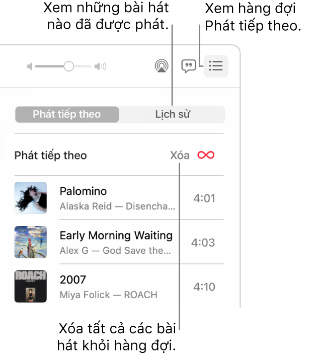 Góc trên cùng bên phải của cửa sổ Nhạc với nút Phát tiếp theo trong biểu ngữ đang hiển thị hàng đợi Phát tiếp theo. Bấm vào liên kết Lịch sử để hiển thị các bài hát đã phát trước đây. Bấm vào liên kết Xóa để xóa tất cả bài hát khỏi hàng đợi.
