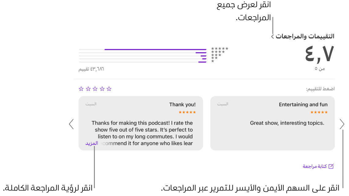 قسم التقييمات والمراجعات لأي برنامج في البودكاست. النقر على السهمين الأيمن والأيسر عند حواف الشاشة للتمرير إلى الخلف أو الأمام. النقر على "المزيد" لمشاهدة مراجعة كاملة.