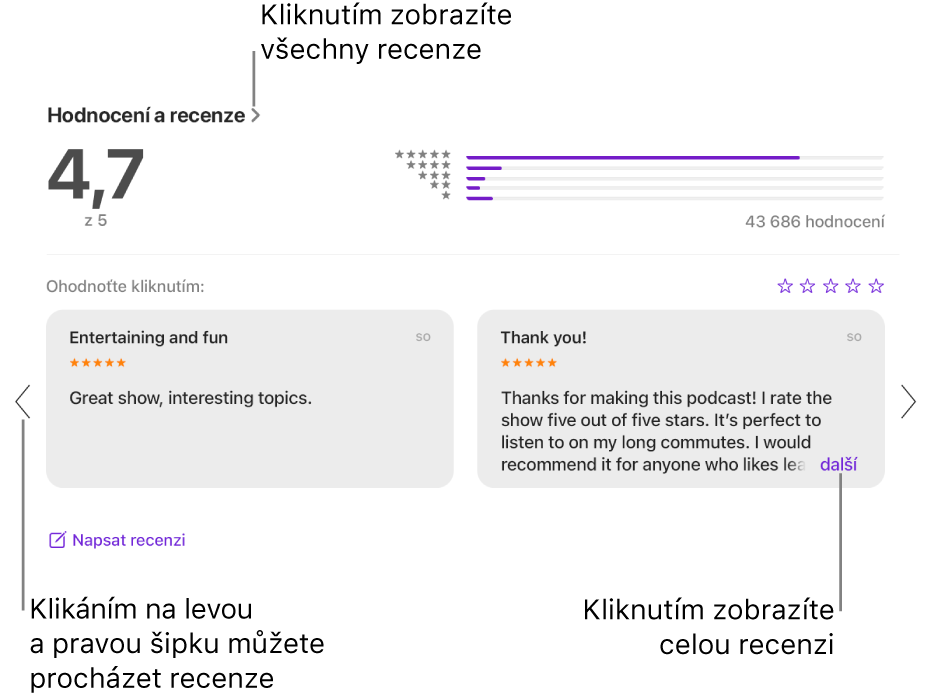 Sekce „Hodnocení a recenze“ pořadu v aplikaci Podcasty. Kliknutí na šipky doleva a doprava na okrajích obrazovky umožňuje posouvání dozadu nebo dopředu. Kliknutí na „více“ zobrazí celou recenzi