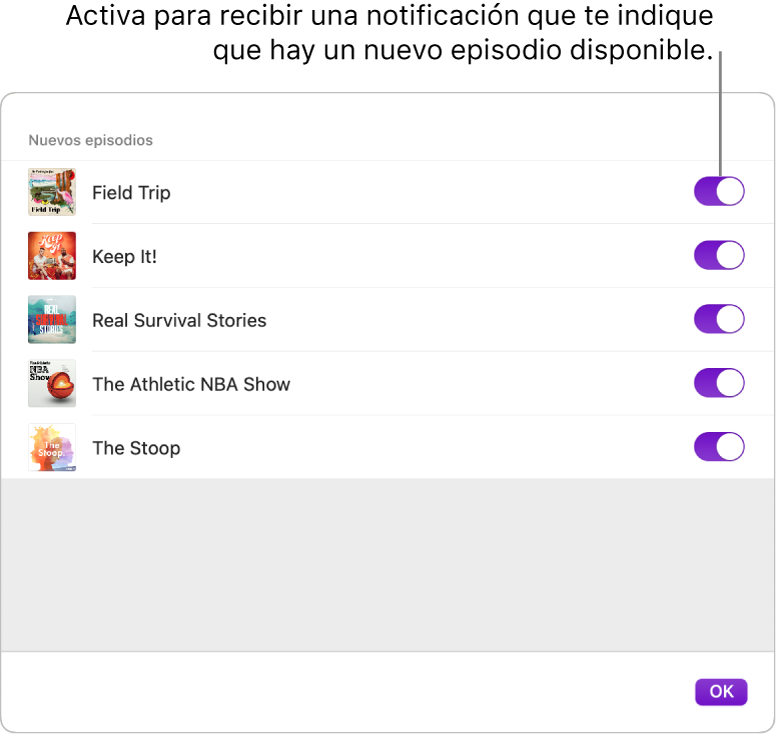 Las opciones de notificaciones. Haz clic en el interruptor para recibir una notificación cuando haya un nuevo episodio disponible.