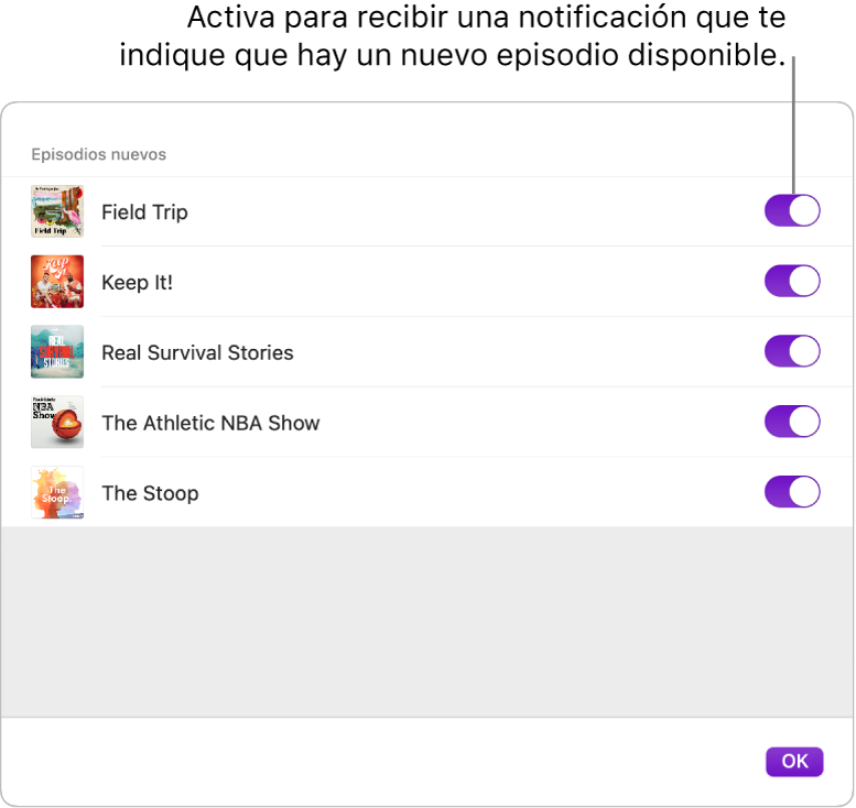 Las opciones de Notificaciones. Haz clic en el conmutador para recibir una notificación cuando haya un episodio nuevo disponible.