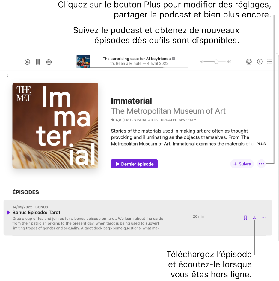 Une page d’informations pour un podcast, avec les boutons Suivre, Plus et Télécharger.