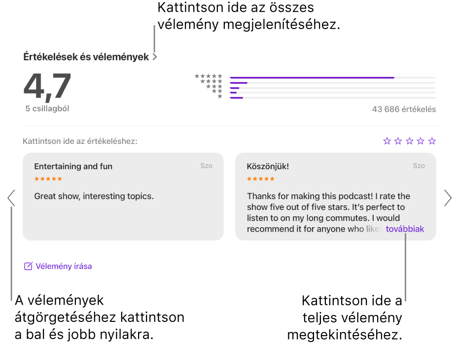 Egy műsor Értékelések és vélemények szakasza a Podcastokban. Előre vagy vissza történő görgetéshez kattintson a képernyő szélein található bal és jobb nyilakra. Kattintson a „Továbbiak” gombra a teljes vélemény megtekintéséhez.