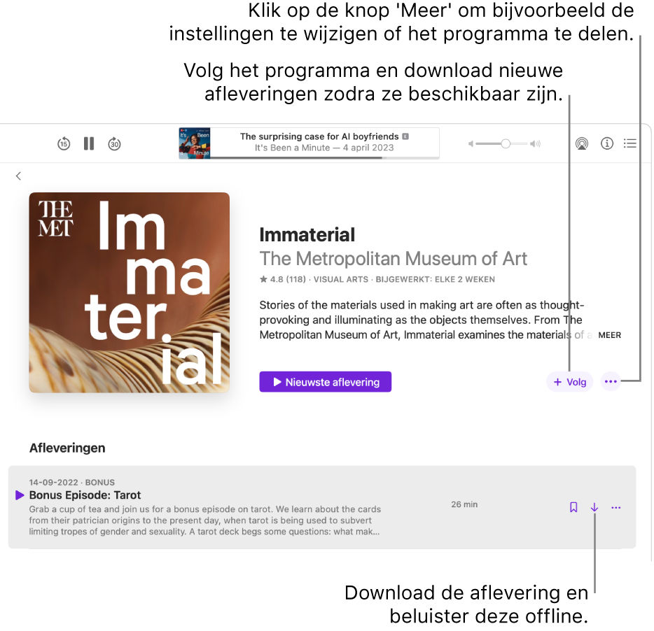 Een informatiepagina voor een podcast met de knoppen 'Volg', 'Meer' en 'Download'.