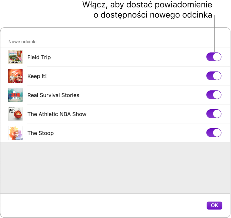 Opcje powiadomień. Kliknij w przełącznik, aby otrzymywać powiadomienie o pojawieniu się nowego odcinka.
