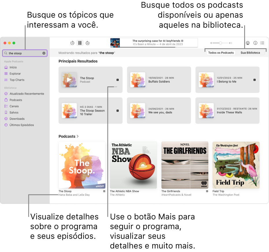 Janela do app Podcasts mostrando texto digitado no campo de busca no canto superior esquerdo, além de episódios e podcasts que correspondem à busca de todos os podcasts na tela à direita. Clique no link abaixo do podcast para visualizar detalhes sobre o podcast e seus episódios. Use o botão Mais do podcast para segui-lo, alterar ajustes e muito mais.