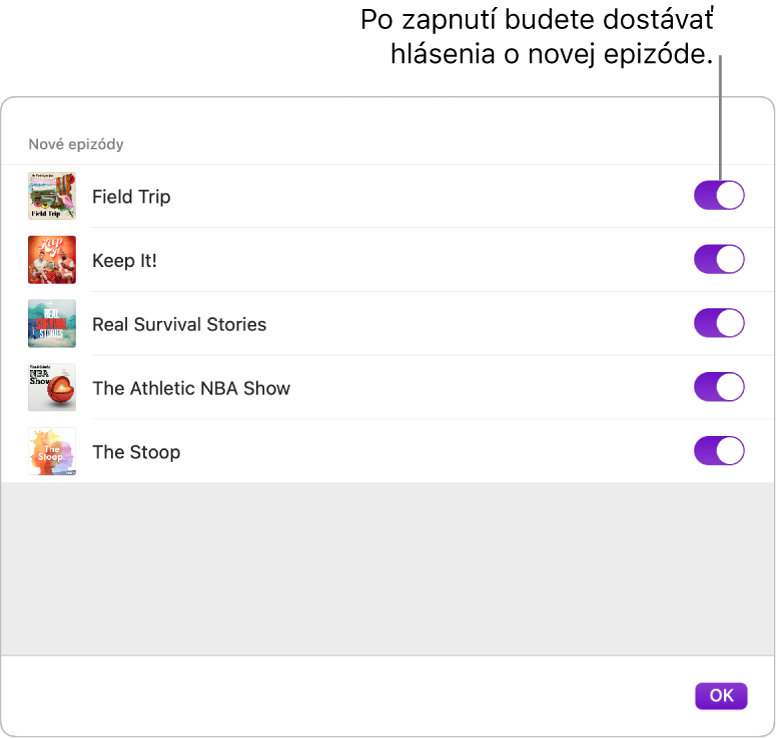 Možnosť Hlásenia. Kliknutím na prepínač budete dostávať hlásenia vždy po sprístupnení novej epizódy.