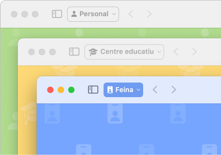 Tres finestres de perfils del Safari: una per a ús personal, una per a l’escola i una altra per a la feina.