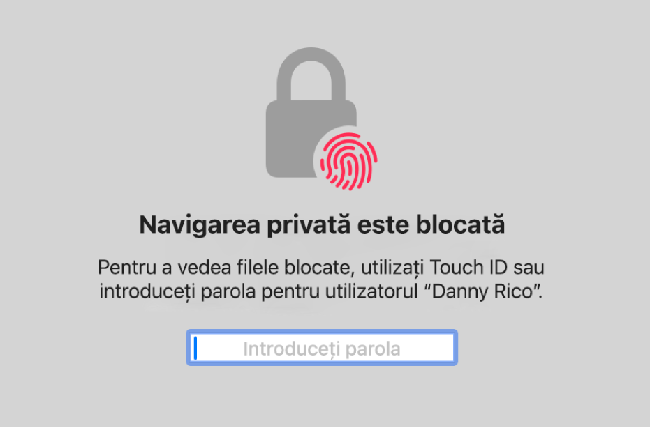 O fereastră care solicită Touch ID sau parola pentru a debloca ferestrele Navigare privată.