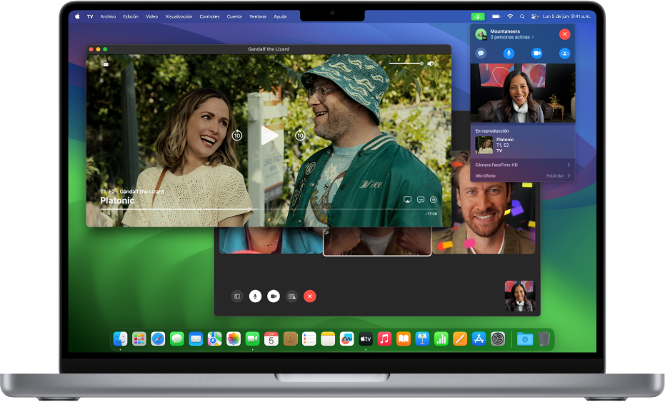 Sesión de SharePlay en una Mac mostrando una app Apple TV y una llamada de FaceTime en vivo.