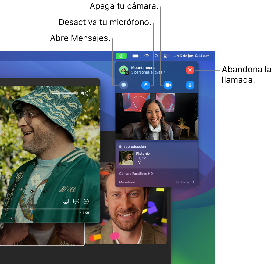 Los controles de SharePlay se muestran en la barra de menús, incluidos los botones para abrir la app Mensajes, silenciar el micrófono, apagar la cámara y abandonar la llamada.