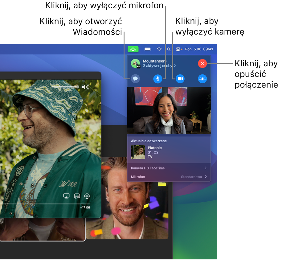 Narzędzia SharePlay na pasku menu, zawierające przycisk otwierający aplikację Wiadomości, przycisk wyciszający mikrofon, przycisk wyłączający kamerę oraz przycisk umożliwiający opuszczenie połączenia.