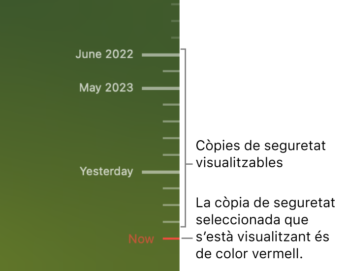 Marques de selecció a la cronologia de les còpies de seguretat. La marca de selecció de color vermell indica la còpia de seguretat que estàs explorant.