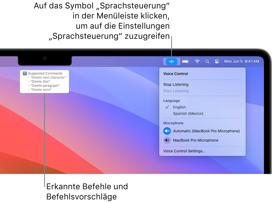 Das Feedback-Fenster für die Sprachsteuerung mit Vorschlägen für gesprochene Befehle wie „Dies löschen“ und „Auf ,Bearbeiten’ klicken“.