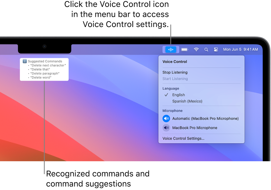 The Voice Control feedback window with suggested text commands, such as “Delete that” or “Click Delete,” displayed above it.