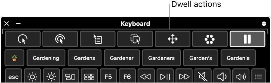 Dwell action buttons located across the top of the Accessibility Keyboard.