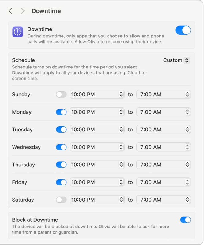 Downtime settings in Screen Time with Downtime turned on. A custom downtime schedule for each day of the week is set up, and the option to block the device at downtime is turned on.