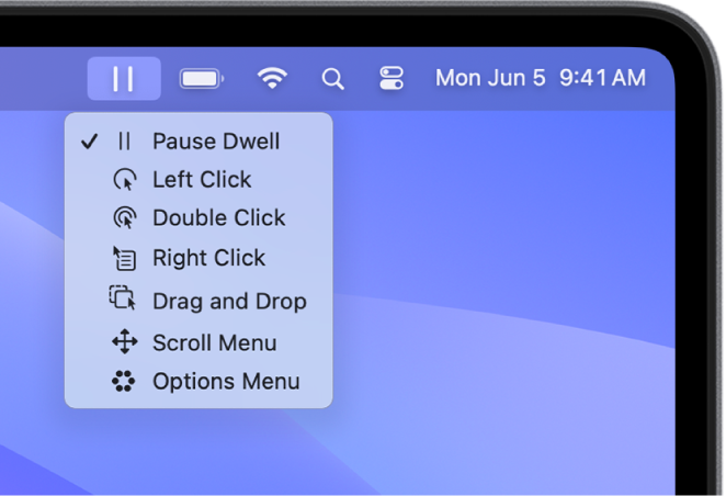 The Dwell status menu whose menu items include, from top to bottom, Pause Dwell, Left Click, Double Click, Right Click, Drag and Drop, Scroll Menu, and Options Menu.