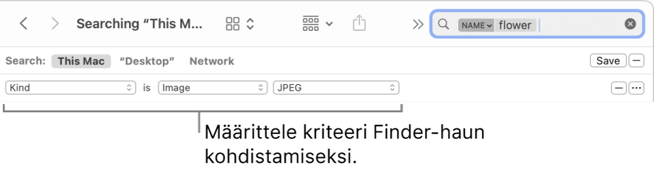 Finder-ikkuna, jossa on kenttiä hakuehtojen määrittämiseen.