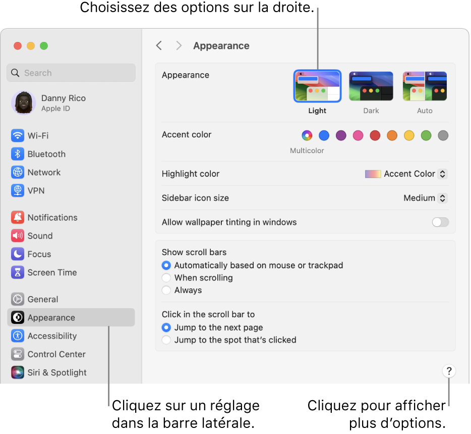 La fenêtre Réglages système, avec les réglages Apparence sélectionnés dans la barre latérale et les options Apparence à droite.