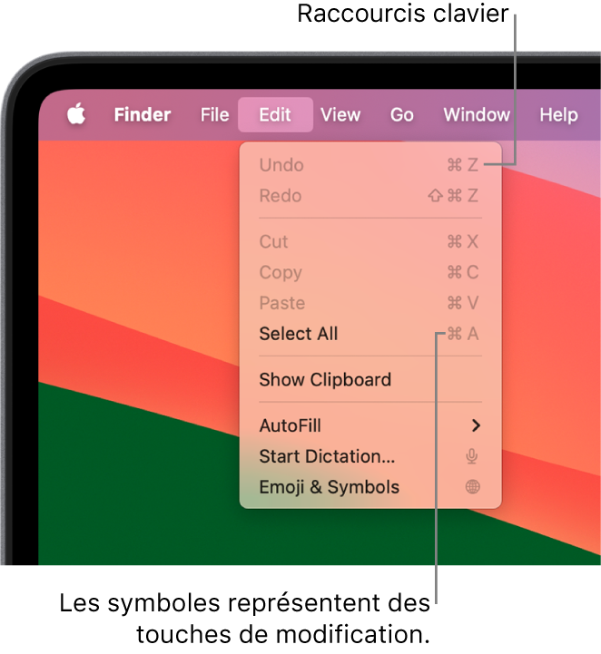 Le menu Édition est ouvert dans le Finder, et les raccourcis clavier apparaissent à côté des éléments de menu.