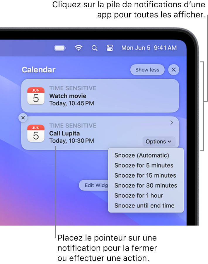 Des notifications d’app dans le coin supérieur droit du bureau, avec une pile ouverte contenant deux notifications de l’app Rappels et un bouton « En afficher moins » pour réduire la pile, ainsi qu’une notification de l’app Calendrier accompagnée d’un bouton Rappel.