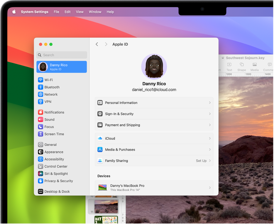 Apple ID सिस्टम सेटिंग्ज़ विंडो और खुले हुए एक Keynote दस्तावेज़ के साथ Mac डेस्कटॉप।