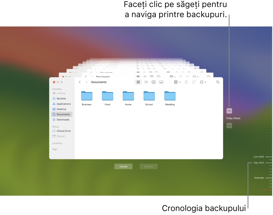 Fereastra Time Machine afișând mai multe ecrane Finder stivuite, care reprezintă backupuri, cu săgeți de navigare. Săgețile și cronologia backupului din partea dreaptă vă ajută să explorați backupurile, astfel încât să puteți alege fișierul care să fie restaurat.