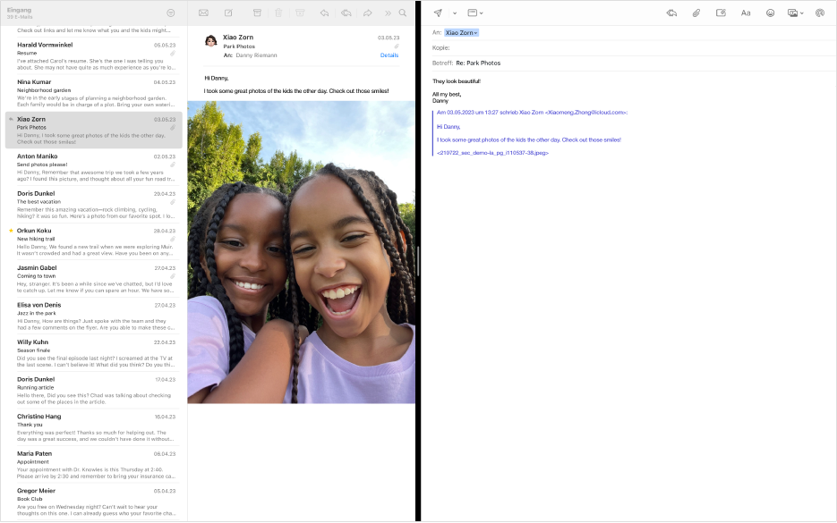 Split View mit der E-Mail-Liste neben dem Fenster zum Erstellen einer neuen Nachricht.