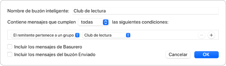 La ventana de grupos inteligentes mostrando criterios para un grupo llamado “Club de lectura”. El grupo tiene dos condiciones. La primera condición es “El remitente es miembro del grupo”. La segunda condición es “Club de lectura”.