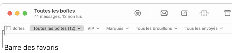 La barre des favoris comprenant le bouton « Boîtes aux lettres » et les boutons permettant d’accéder aux boîtes aux lettres favorites, telles que les boîtes VIP et Marqués.