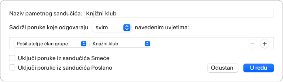 Prozor Pametne grupe koji prikazuje kriterije za grupu imena “Književni klub”. Grupa ima dva uvjeta. Prvi uvjet je “Pošiljatelj je član grupe”. Drugi uvjet je “Književni klub”.