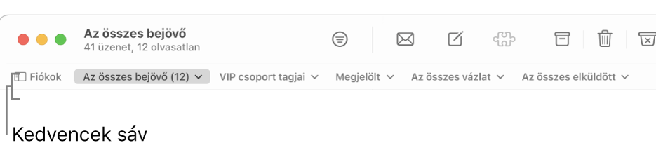 A Kedvencek sávon látható Postafiókok gomb, illetve további gombok a kedvenc postafiókok, például a VIP-csoportok és a Megjelölt postafiókok eléréséhez.