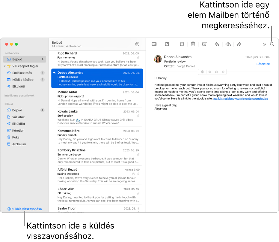 Egy Mail-ablak a bal oldalon található oldalsávval. A Küldés visszavonása a gomb az oldalsáv alján található.