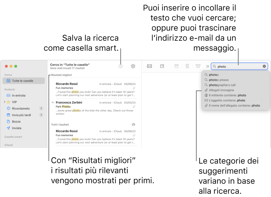 La casella in cui stai effettuando la ricerca viene evidenziata nella barra di ricerca. Per effettuare la ricerca in un’altra casella, fai clic sul nome. Puoi digitare o incollare del testo nel campo di ricerca oppure trascinare un indirizzo email da un messaggio. Mentre scrivi, i suggerimenti appaiono sotto il campo di ricerca. Sono organizzati in categorie, ad esempio Oggetto o Allegati, a seconda del testo usato per la ricerca. In “Risultati migliori” i risultati più rilevanti vengono visualizzati per primi.