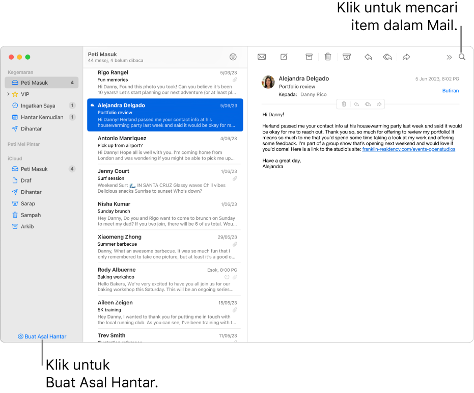 Tetingkap Mail menunjukkan bar sisi di sebelah kiri. Butang Buat Asal Hantar di bahagian bawah bar sisi.