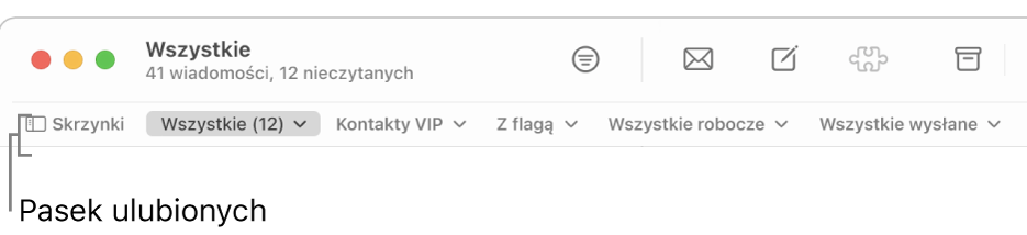 Pasek ulubionych, pokazujący przycisk Skrzynki oraz przyciski dostępu do ulubionych skrzynek pocztowych, takich jak Kontakty VIP lub Z flagą.