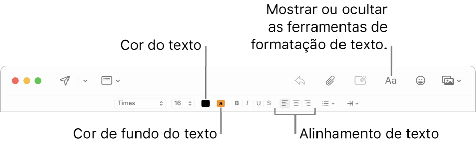 A barra de ferramentas e a barra de formatação numa janela de nova mensagem, indicando a cor do texto, a cor de fundo do texto e os botões de alinhamento do texto.