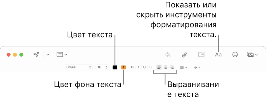 Панель инструментов и панель форматирования в окне нового сообщения с кнопками для цвета текста, цвета фона и выравнивания текста.