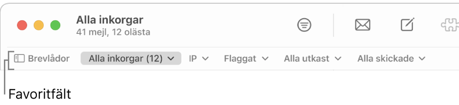 Favoritfältet med knappen Brevlådor och knappar för att öppna favoritbrevlådor, t.ex. VIP eller Flaggat.