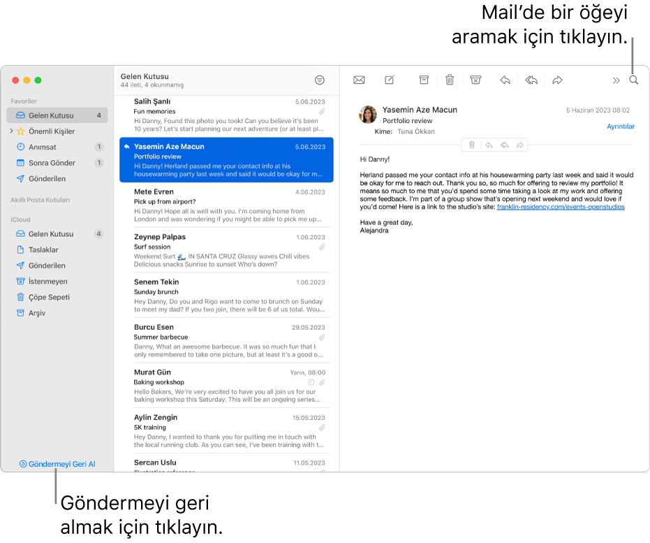 Solda kenar çubuğunu gösteren bir Mail penceresi. Göndermeyi Geri Al düğmesi kenar çubuğunun en altında.