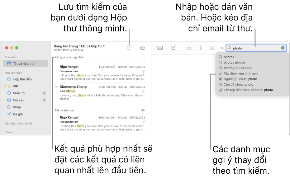 Hộp thư đang được tìm kiếm được tô sáng trong thanh tìm kiếm. Để tìm kiếm hộp thư khác, hãy bấm vào tên của hộp thư đó. Bạn có thể nhập hoặc dán văn bản vào trường tìm kiếm hoặc kéo địa chỉ email từ thư. Khi bạn nhập, các gợi ý sẽ xuất hiện bên dưới trường tìm kiếm. Các gợi ý này được sắp xếp theo danh mục, chẳng hạn như Chủ đề hoặc Tệp đính kèm, tùy thuộc vào văn bản tìm kiếm của bạn. Kết quả phù hợp nhất sẽ đặt các kết quả có liên quan nhất lên trên đầu.