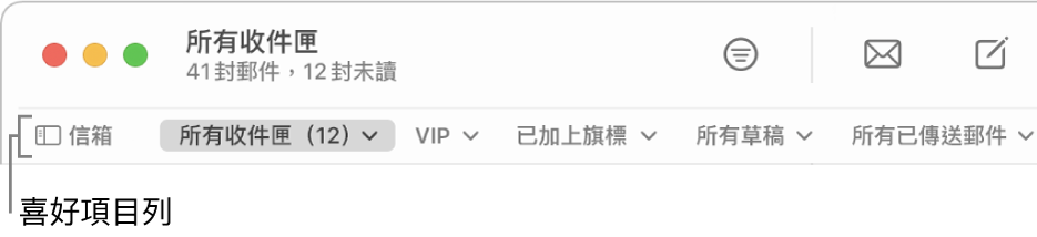 「喜好項目」列會顯示「信箱」按鈕及其他按鈕，用於取用設為喜好項目的信箱，例如 VIP 或「已加上旗標」。