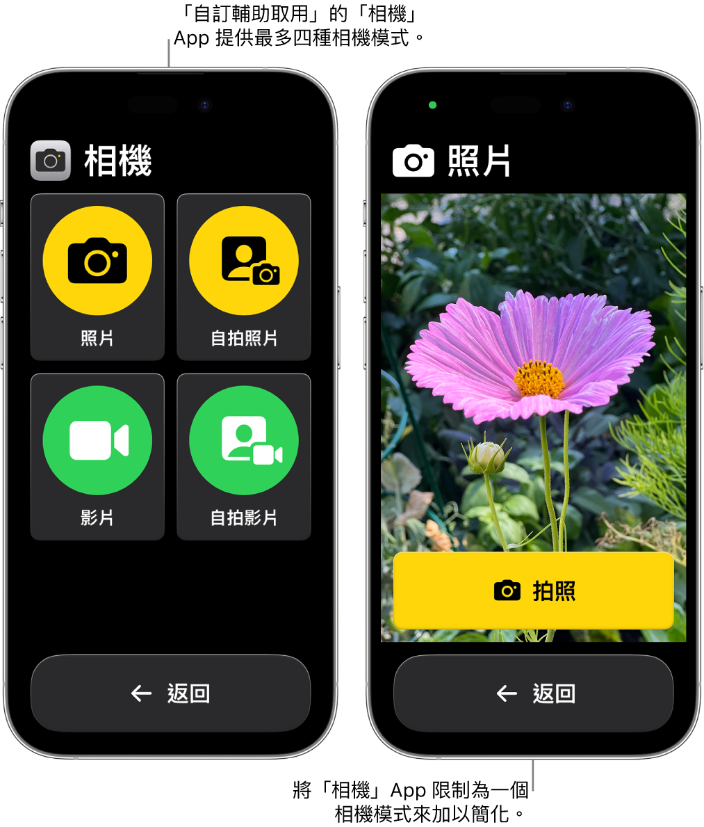 進入「自訂輔助取用」的兩部 iPhone。一部 iPhone 顯示「相機」App 可讓使用者選擇「錄影」或「自拍照」等相機模式。另一部 iPhone 顯示「相機」App 只有單一拍照模式。