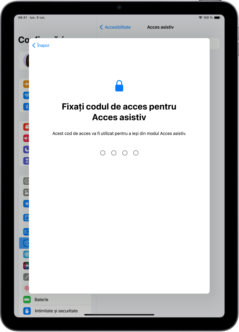 Un iPad afișând ecranul pentru configurarea codului de acces pentru modul Acces asistiv utilizat pentru intrarea și ieșirea din modul Acces asistiv.