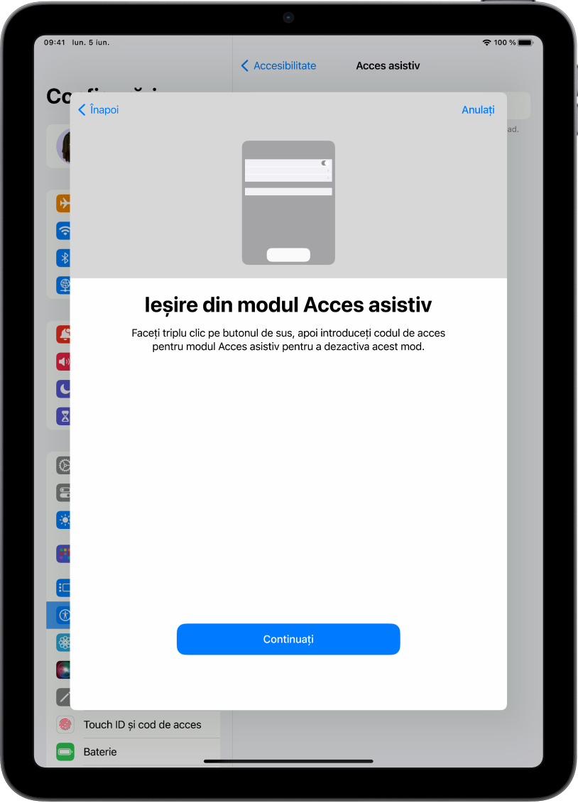 Un iPad cu un ecran cu explicații despre cum se poate ieși din modul Acces asistiv.